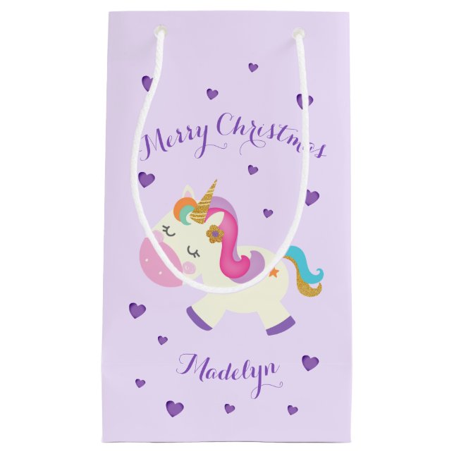 Sacola Para Presentes Pequena Rainbow Unicorn Natal Roxo (Frente)