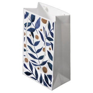 Sacola Para Presentes Pequena Ramais e bagas de aquarelas - índigo e bege