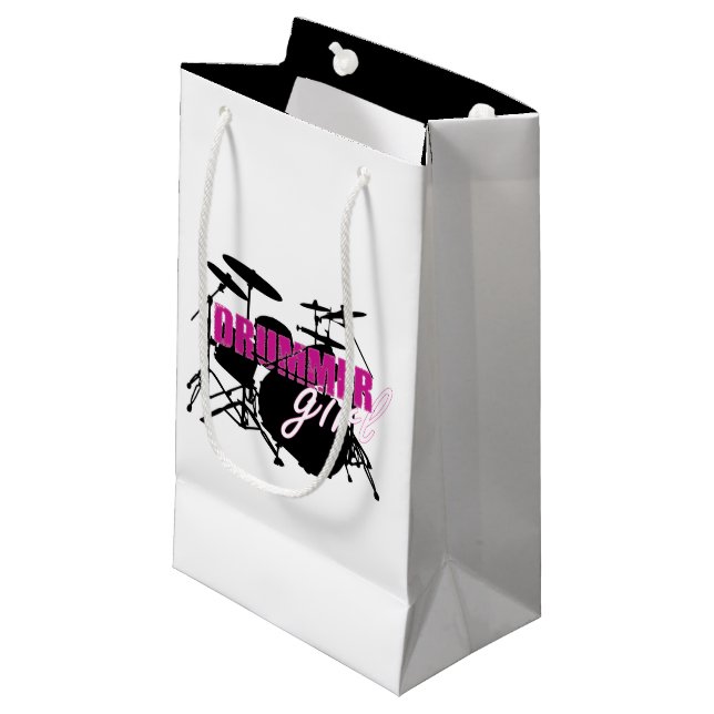 Sacola Para Presentes Pequena Rapariga de Drummer com Texto Roxo e Grungue Negro (Frente inclinada)