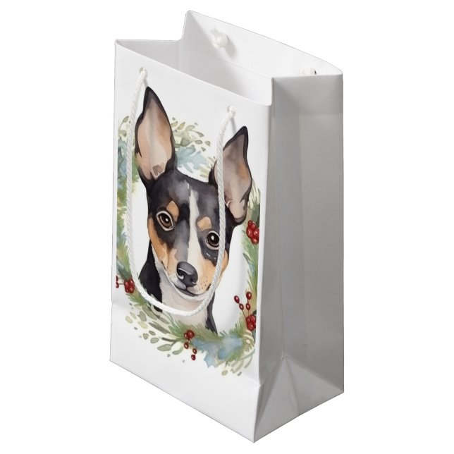 Sacola Para Presentes Pequena Rat Terrier Christmas Wreath Festivo Pup (Frente inclinada)