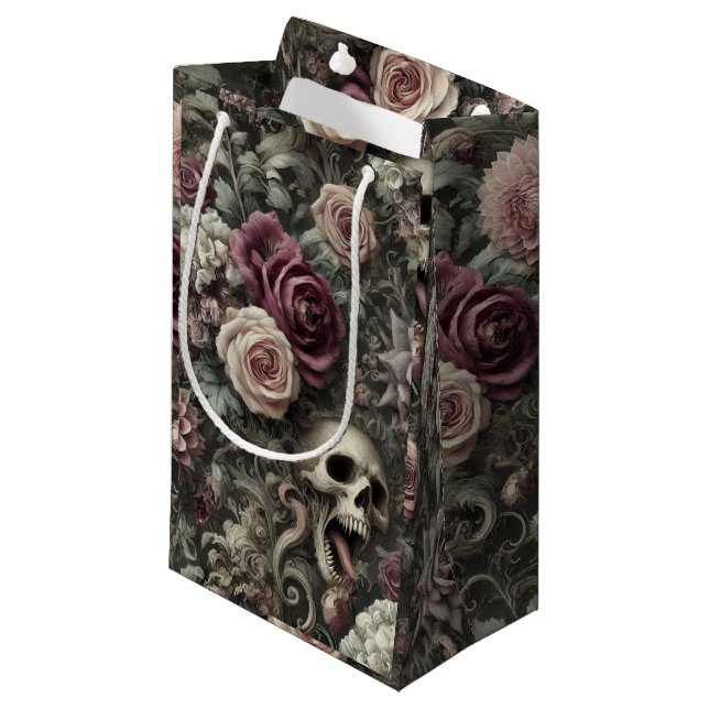 Sacola Para Presentes Pequena Recolher nas Rosas - Crânio Floral Gótico (Frente inclinada)