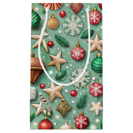 SACOLA PARA PRESENTES PEQUENA RED & GREEN ORNAMENTS & GOLD HOLIDAY STARS