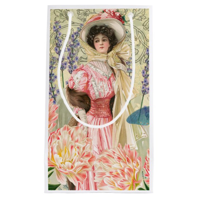 Sacola Para Presentes Pequena Regência de Mulher Vitoriana Flórida Rosa (Frente)