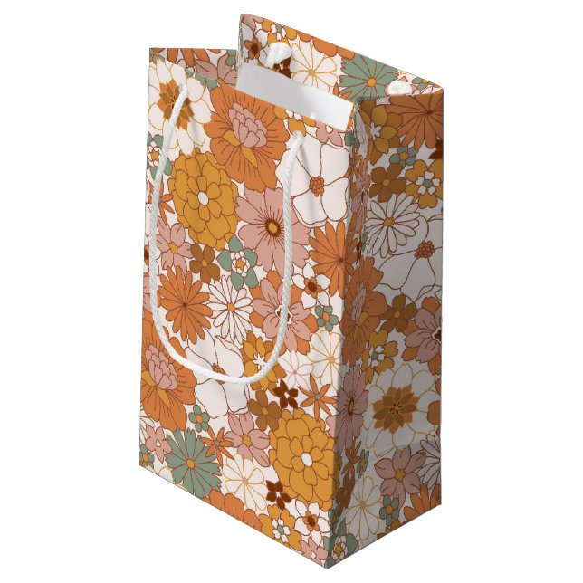 Sacola Para Presentes Pequena Retro Boho Terracotta Flores Bohemianas (Verso inclinado)