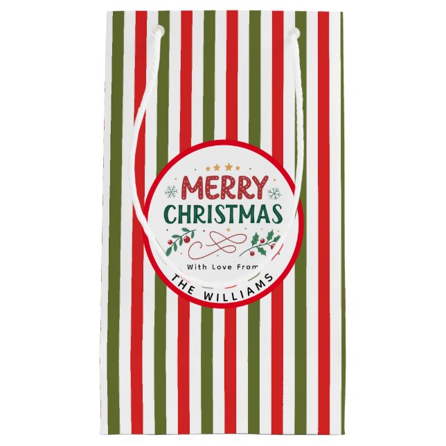 Sacola Para Presentes Pequena Retro Christmas Stripe Pattern Custom Christmas (Frente)