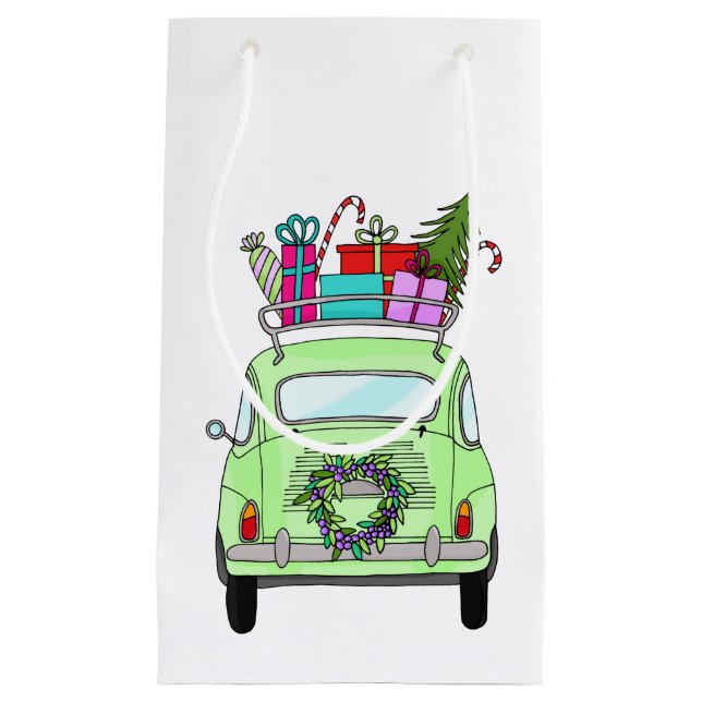 Sacola Para Presentes Pequena Retro Fiat 500 com presentes de Natal (Frente)
