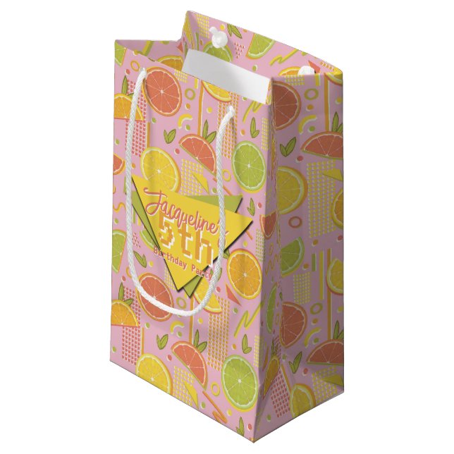 Sacola Para Presentes Pequena Retro Pink Summer Citrus Fruit Birthday (Frente inclinada)