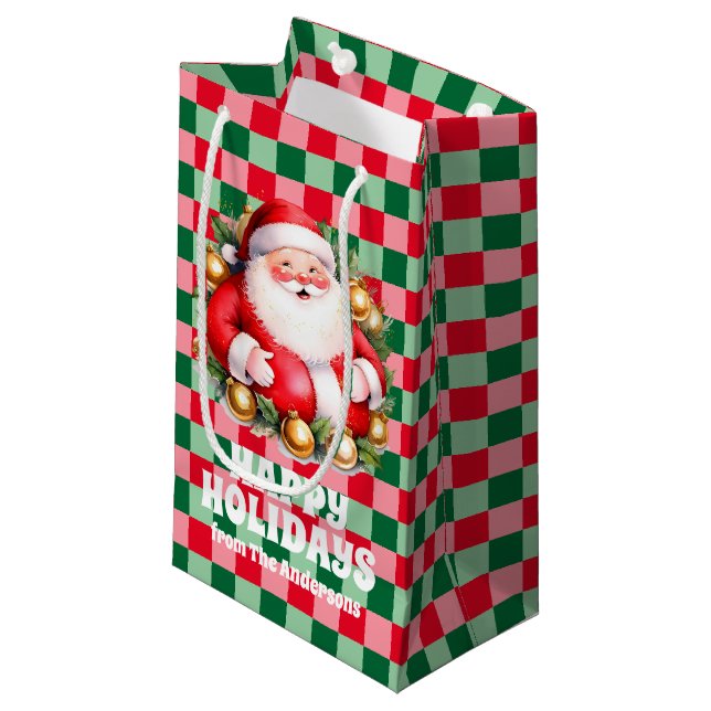 Sacola Para Presentes Pequena Retro Santa Claus Tartan Xadrez Natal (Frente inclinada)