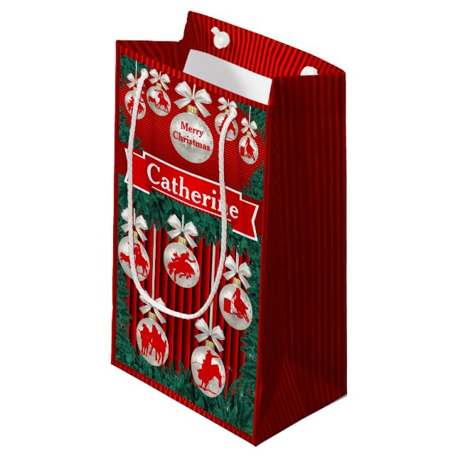 Sacola Para Presentes Pequena Rodeio Ornaments On Red Holiday Gift Bag (Frente inclinada)