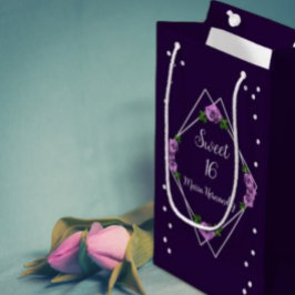 Sacola Para Presentes Pequena Rosa de prata geométrica púrpura 16