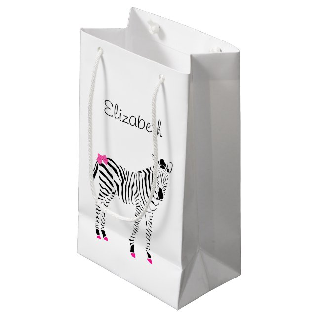 Sacola Para Presentes Pequena Rosa quente bonito e zebra feminino preta com nome (Frente inclinada)