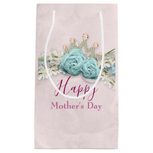 Sacola Para Presentes Pequena Rosas azuis e Dia de as mães de Buquê Floral Coroa