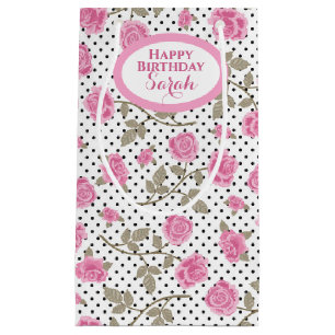 Sacola Para Presentes Pequena Rosas cor-de-rosa e Bolinhas negras monogramas
