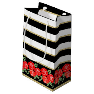Sacola Para Presentes Pequena Rosas vermelhas no saco preto, branco, Dourado do