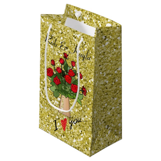 Sacola Para Presentes Pequena Rosas vermelhas no Vase Dourado Faux Glitter (Frente inclinada)