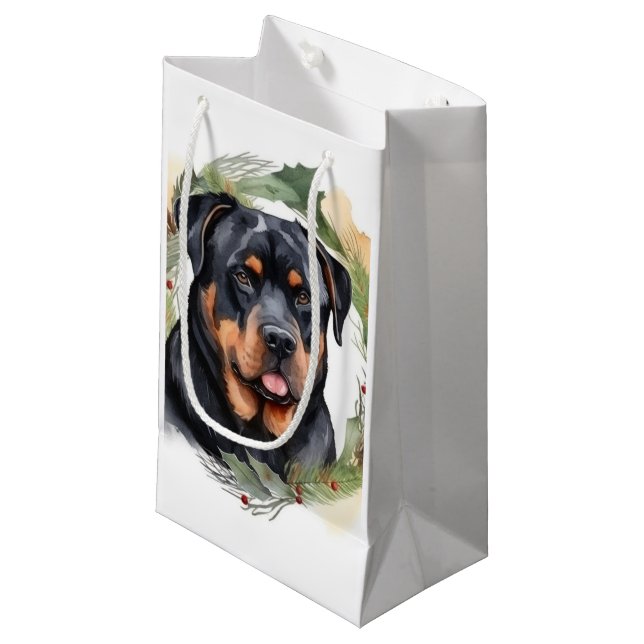 Sacola Para Presentes Pequena Rottweiler Rua de Natal Festivo (Frente inclinada)