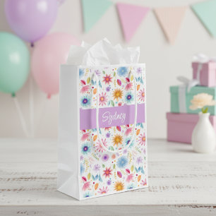 Sacola Para Presentes Pequena Roxo Azul Rosa Boho Flor de Campo Personalizado
