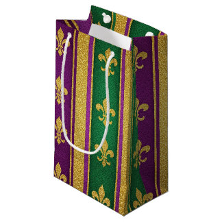 SACOLA PARA PRESENTES PEQUENA ROXO VERDE OURO BRILHO OLHAR MARDI GRAS