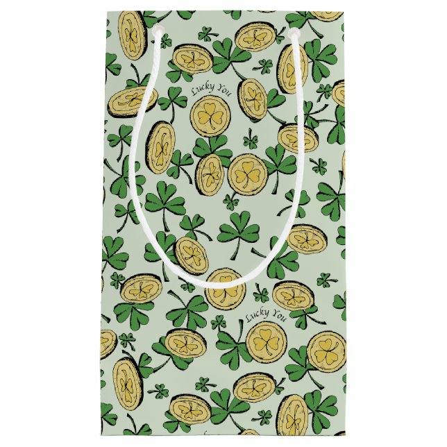 Sacola Para Presentes Pequena Rua verde e Dourada Patrick é sortudo (Frente)