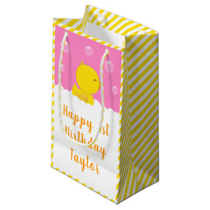Sacola Para Presentes Pequena Rubber Ducky Amarelo e Rosa Feliz Aniversário