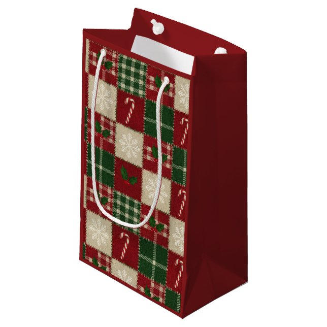 Sacola Para Presentes Pequena Rustic Christmas Quilt Plaid (Frente inclinada)