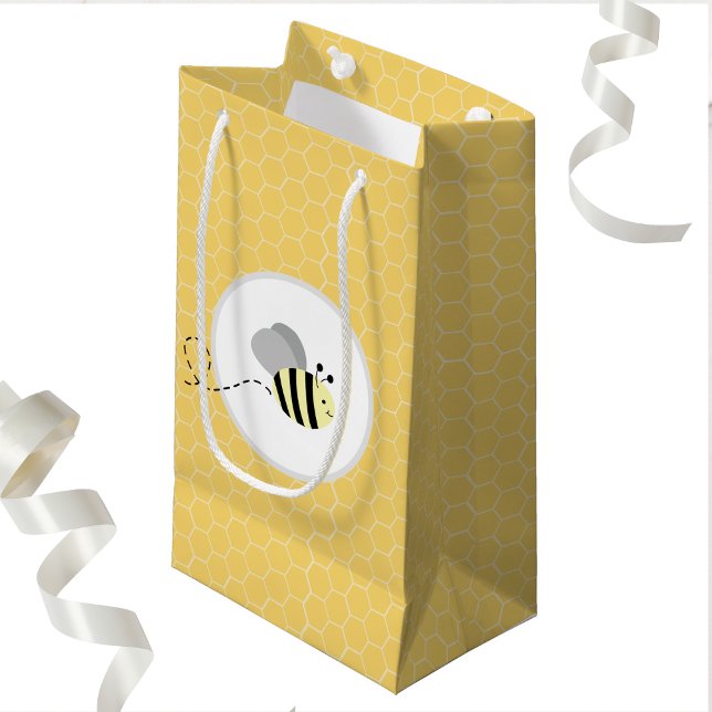 Sacola Para Presentes Pequena Saco de Presente Mel Melado Abelha Bumble Cinza (Bumble Bee Baby Shower Gender Neutral Gift Bag )