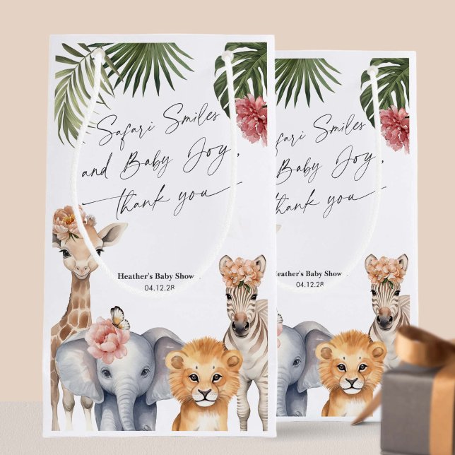 Sacola Para Presentes Pequena Safari Themed Baby Girl Chá a favor de Goodie (Safari Animals, baby Girl SHower Goodie Bag favors.)