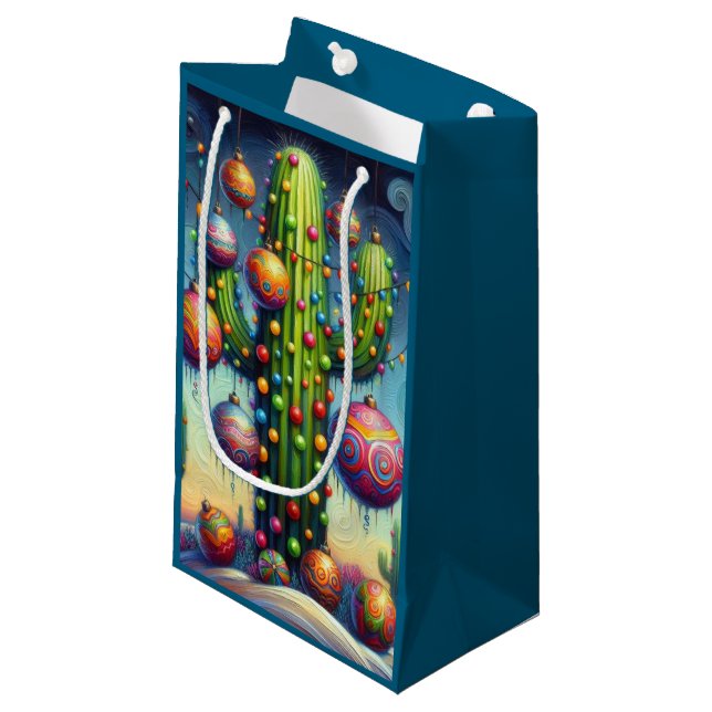 Sacola Para Presentes Pequena Saguaro Cactus Seasonal do Deserto de Natal (Frente inclinada)