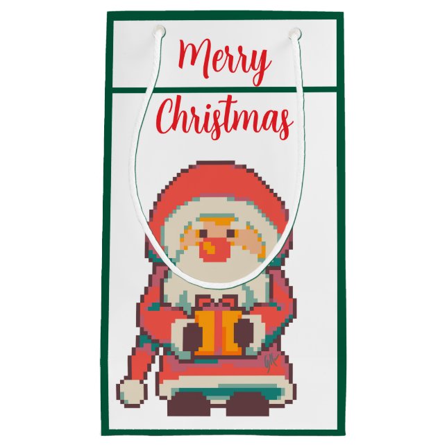 Sacola Para Presentes Pequena Santa Claus Pixelart Merry Christmas, Pixel Art  (Frente)