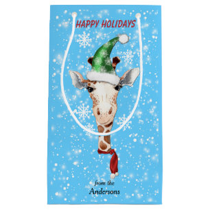 Sacola Para Presentes Pequena Santa Hat Giraffe Snowflake Blue