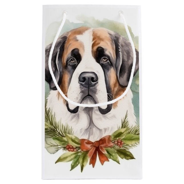Sacola Para Presentes Pequena Santo Bernard Christmas Wreath Festivo Pup (Verso)