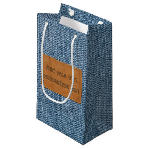 Sacola Para Presentes Pequena Sarja de Nimes azul de Jean do Tag de couro feito