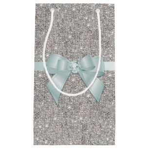 Sacola Para Presentes Pequena Sequins, arco & fita de prata à moda