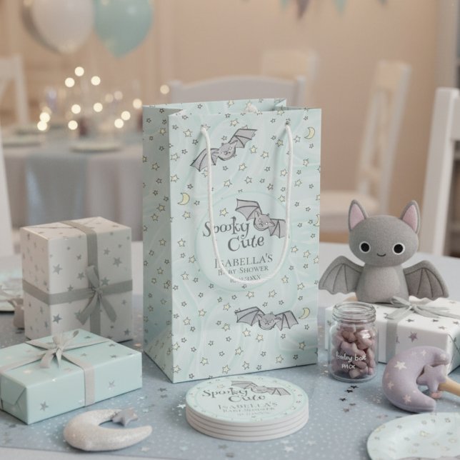 Sacola Para Presentes Pequena Sexo Morcegos Neutros Chá de fraldas Bonito Estran (Mint Spooky Cute Bats Girl Baby Shower Gift Bags. Bats, Stars, Moons Mint Watercolor Pattern for Her)