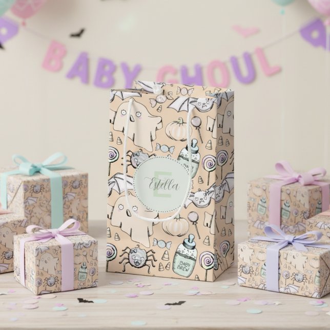 Sacola Para Presentes Pequena Sexo Neutro Bebês Halloween Bompkin Fantasma (Cute Halloween Gift Bags for Gender Neutral Fall Baby Shower. Spooky Ghosts, Bats & Pumpkin Pattern)