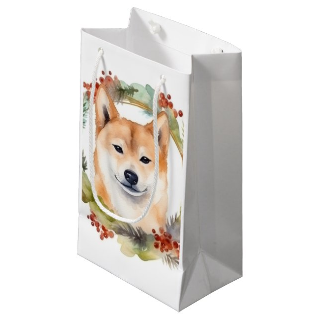 Sacola Para Presentes Pequena Shiba Inu Wreath Festivo (Frente inclinada)