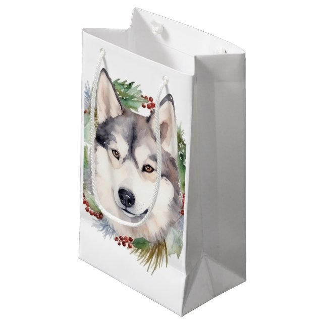 Sacola Para Presentes Pequena Siberian Husky Wreath Festiva Pup (Frente inclinada)