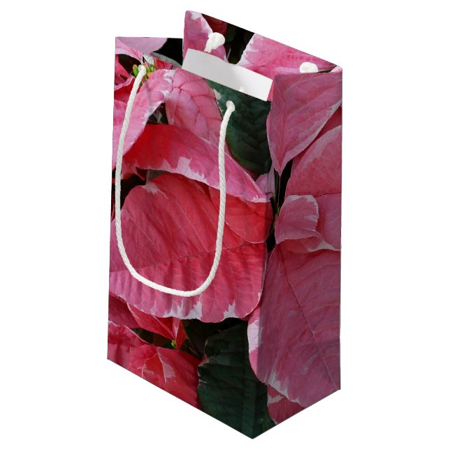 Sacola Para Presentes Pequena Silver Star Marble Poinsettias Feriado Rosa Floral (Verso inclinado)