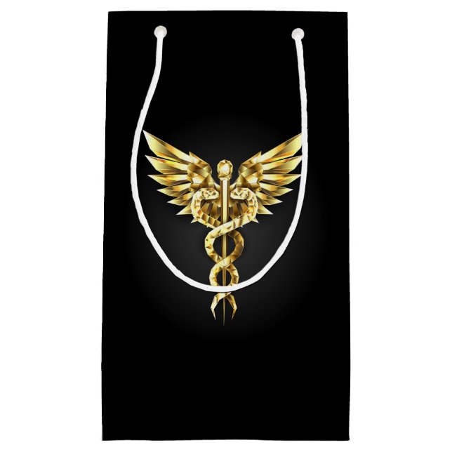 Sacola Para Presentes Pequena Símbolo Poligonal Dourado Caduceus (Frente)