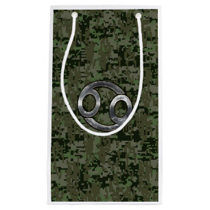 Sacola Para Presentes Pequena Símbolo Zodiac do cancer na Camo Digital Verde