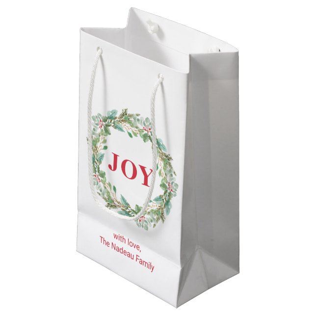 Sacola Para Presentes Pequena Simples Elegante Wreath Joy Natal Moderno (Frente inclinada)