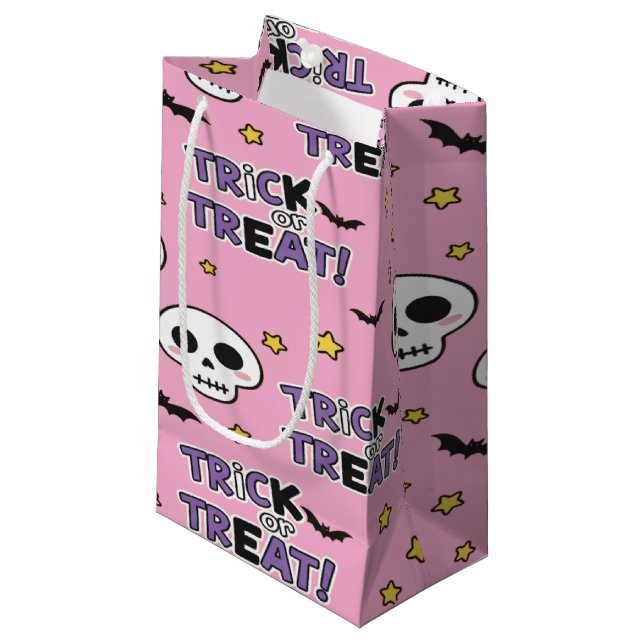 Sacola Para Presentes Pequena Skeletons Bonitos Rosa Para O Halloween (Frente inclinada)