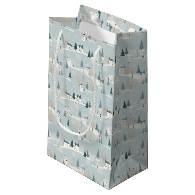 Sacola Para Presentes Pequena Snowy Blue Minimalist Christmas Village  (Frente inclinada)