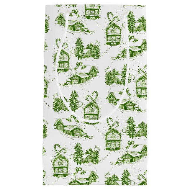 Sacola Para Presentes Pequena Snowy Christmas Toile | Saco verde para presentes  (Frente)