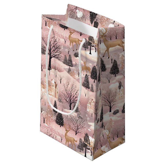 Sacola Para Presentes Pequena Snowy Pink Deer Forest (Frente inclinada)