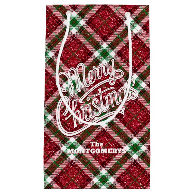 Sacola Para Presentes Pequena Sparkly Merry Christmas Plaid  (Frente)