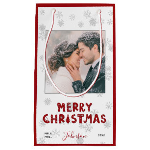 Sacola Para Presentes Pequena Sr. e Sra. Red Typografia Foto Floco de Neve Xmas