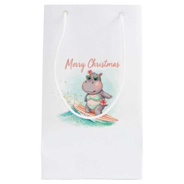 Sacola Para Presentes Pequena Surfing Hippo Bikini Christmas  (Frente)