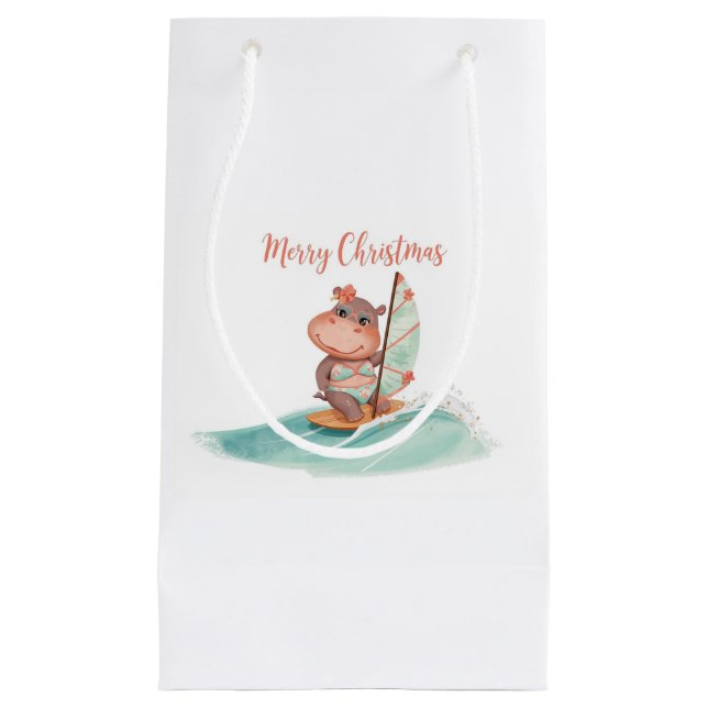 Sacola Para Presentes Pequena Surfing Hippo Bikini Christmas  (Frente)