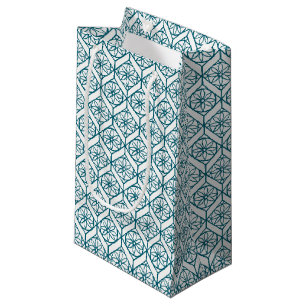 Sacola Para Presentes Pequena Teal sobre Padrão Étnico Branco, Flores, Chevrons